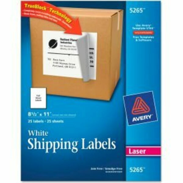Avery Shipping Labels, TrueBlock, 8-1/2inx11in, 25/PK White; LABEL, LSR, SHEET, 8.5X11, 25 5265